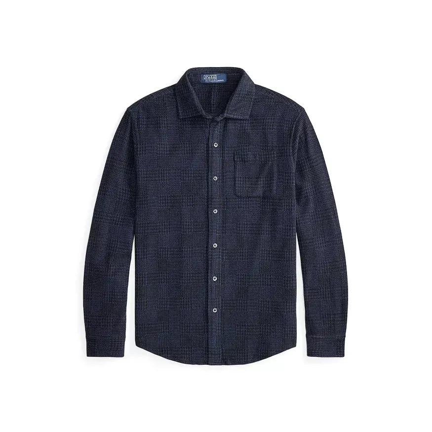 Men's Ralph Lauren jacquard knit flannel sport shirt in dark cobalt and polo black with intricate pattern details.