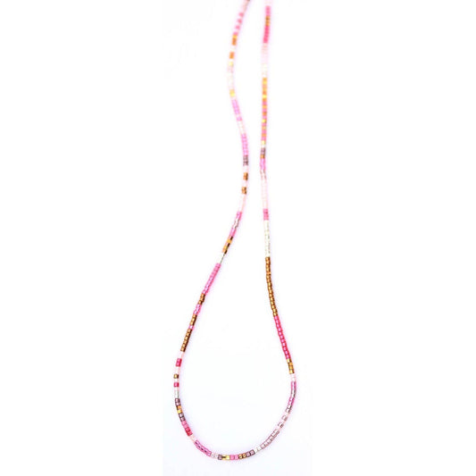 Pink Julie Rofman JRN1 single strand adjustable necklace with delicate jewelry chain and clasp on a plain background.