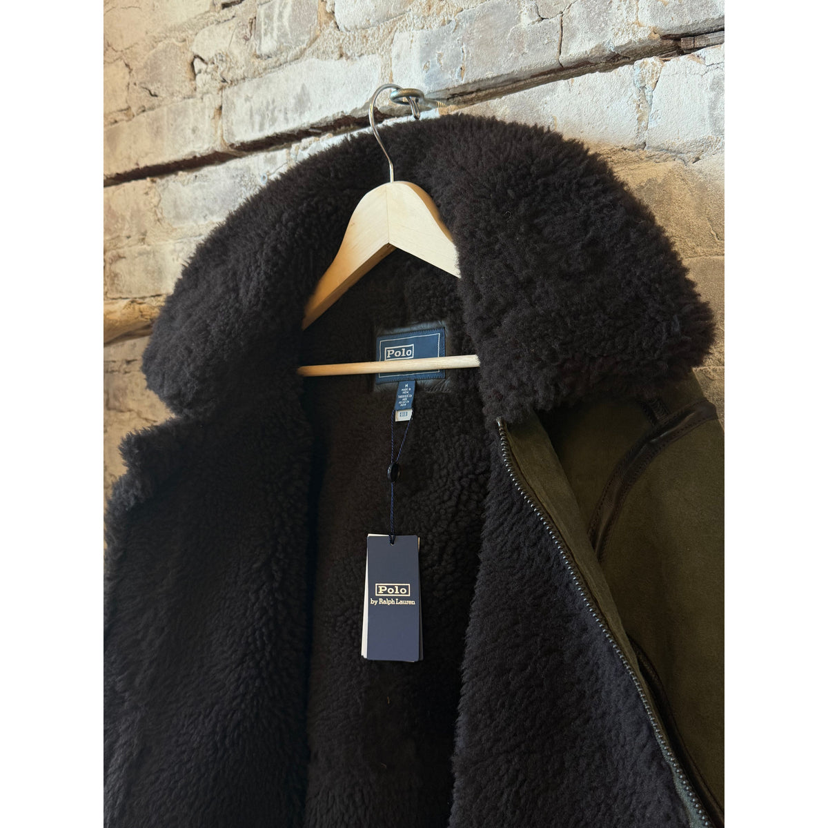 Men's Ralph Lauren Merino Shearling RL Flight Jacket in Myrtle Green and Dark Brown with cozy shearling collar and rugged style.