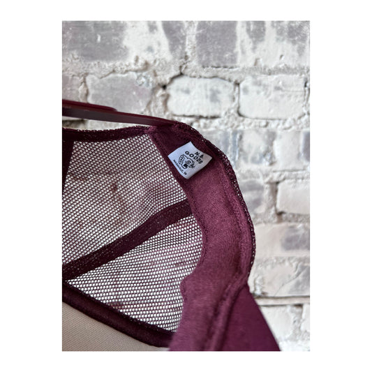 Men's Y’all Trucker Hat in maroon and hot pink by N.B. GOODS, showing the front view with mesh back and adjustable snap closure.