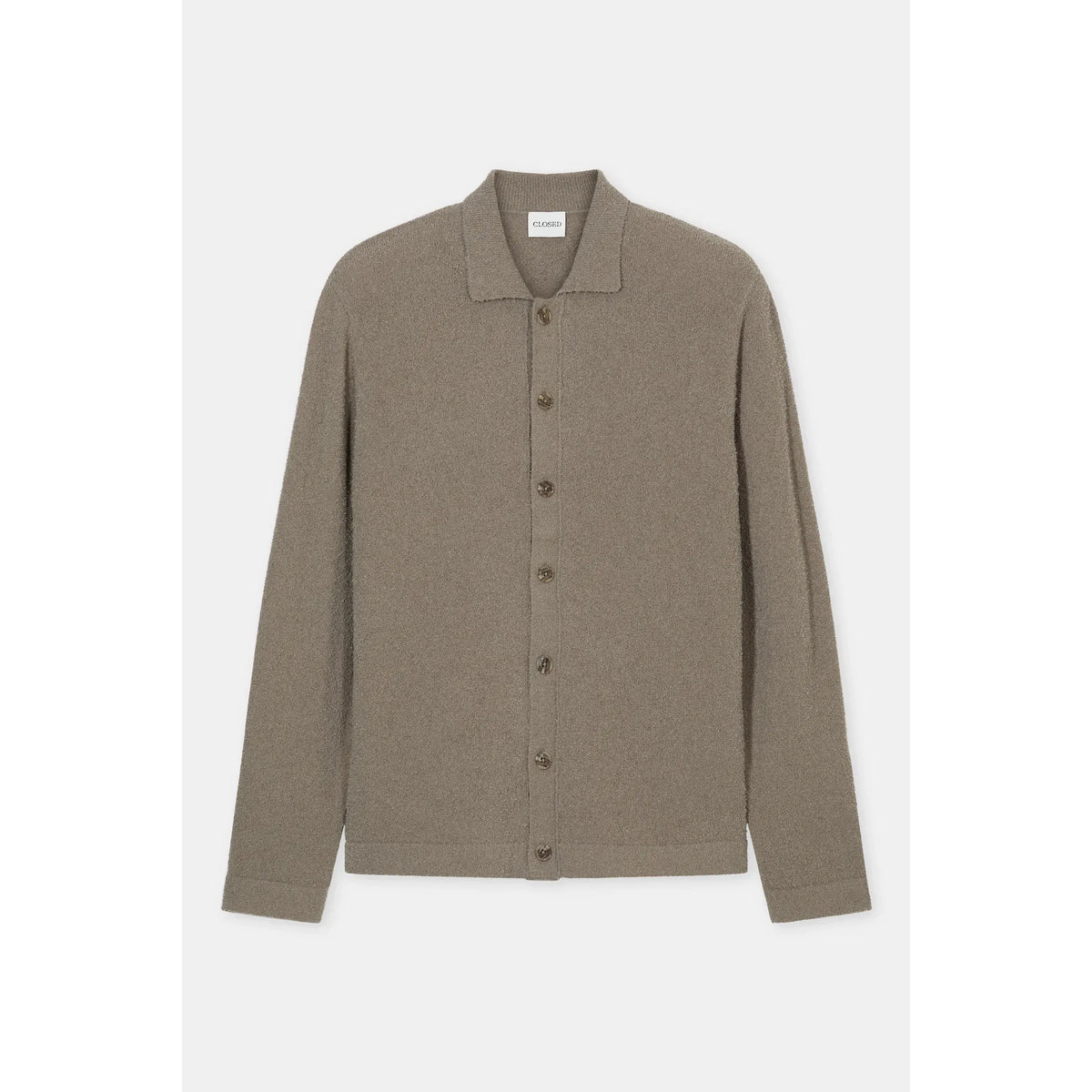 Men's organic cotton cardigan in pebble green by Closed Men's, featuring a cozy knit and button-up front.
