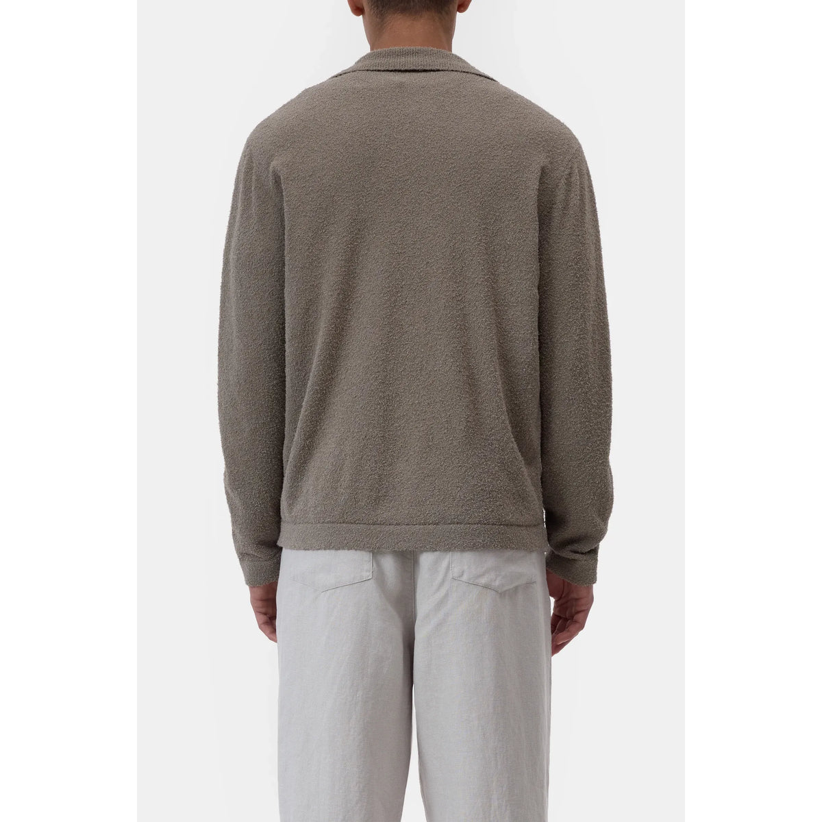 Men's organic cotton cardigan in pebble green, by Closed Men's, featuring a cozy knit with button closure and ribbed cuffs.