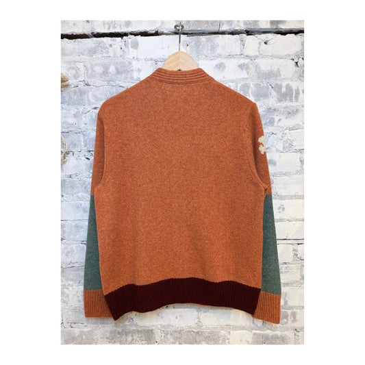 Women's Burn Orange Mix Cashmere Cardigan by Freecity with patch and pocket details, soft and cozy for stylish warmth.