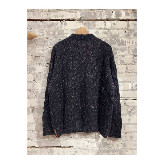 Men's blue and navy Cable Knit Donegal Sweater by Presidents, featuring a textured cable pattern and classic crew neck style.