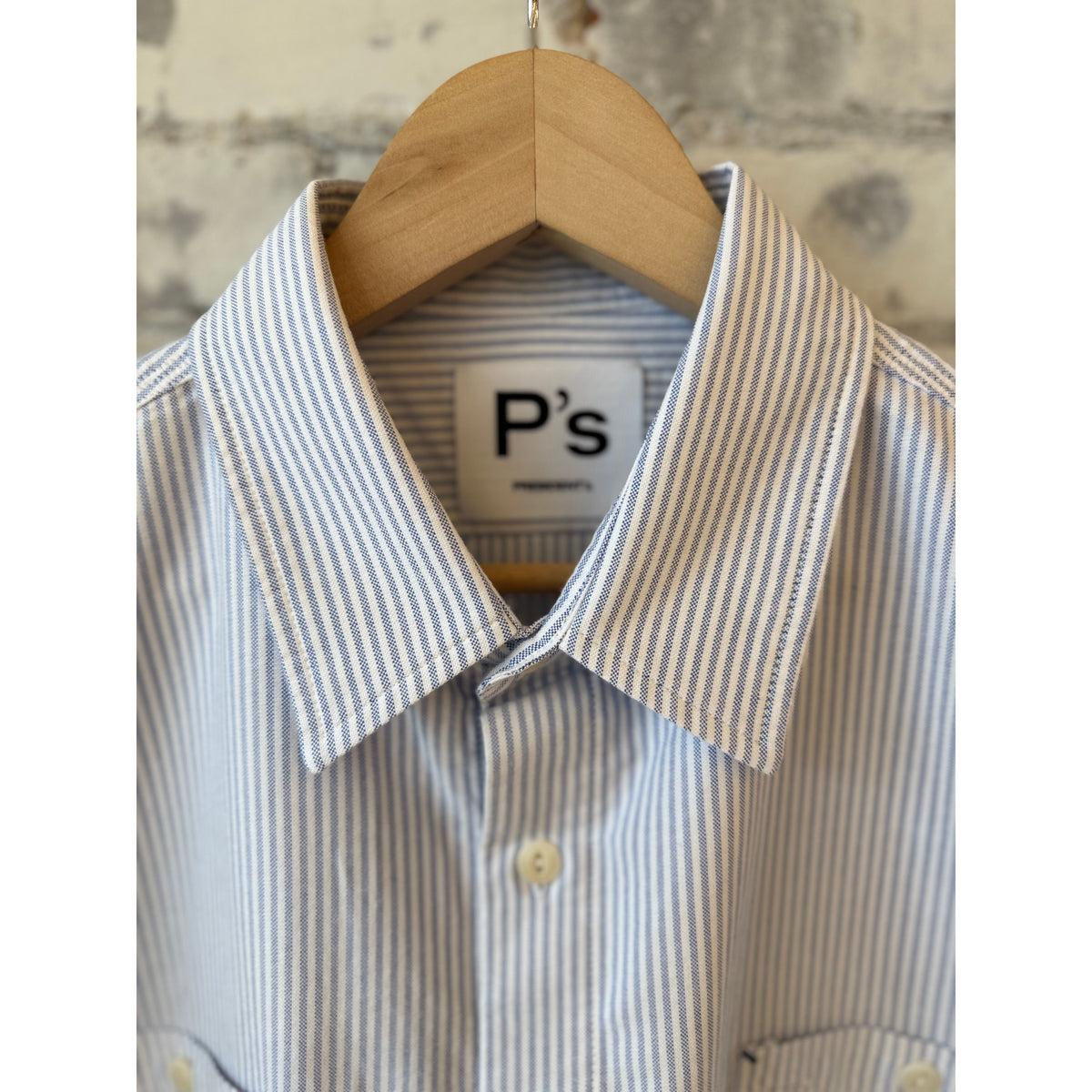 Men's white and blue striped Oxford shirt by Presidents, featuring a classic button-up design and stone wash finish.