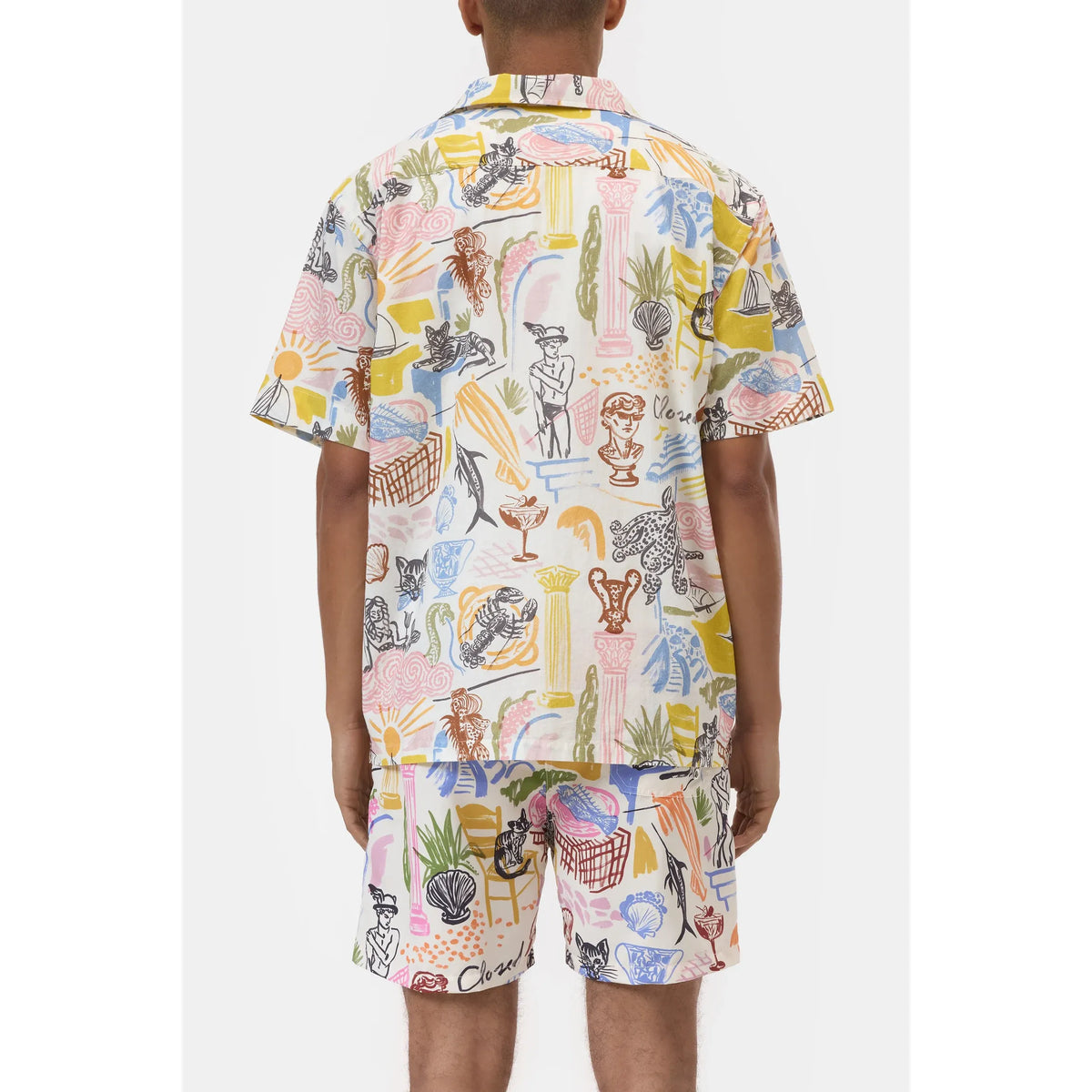 Men's resort shirt with multi-color graphic print by Closed Men's, featuring vibrant design and relaxed fit.