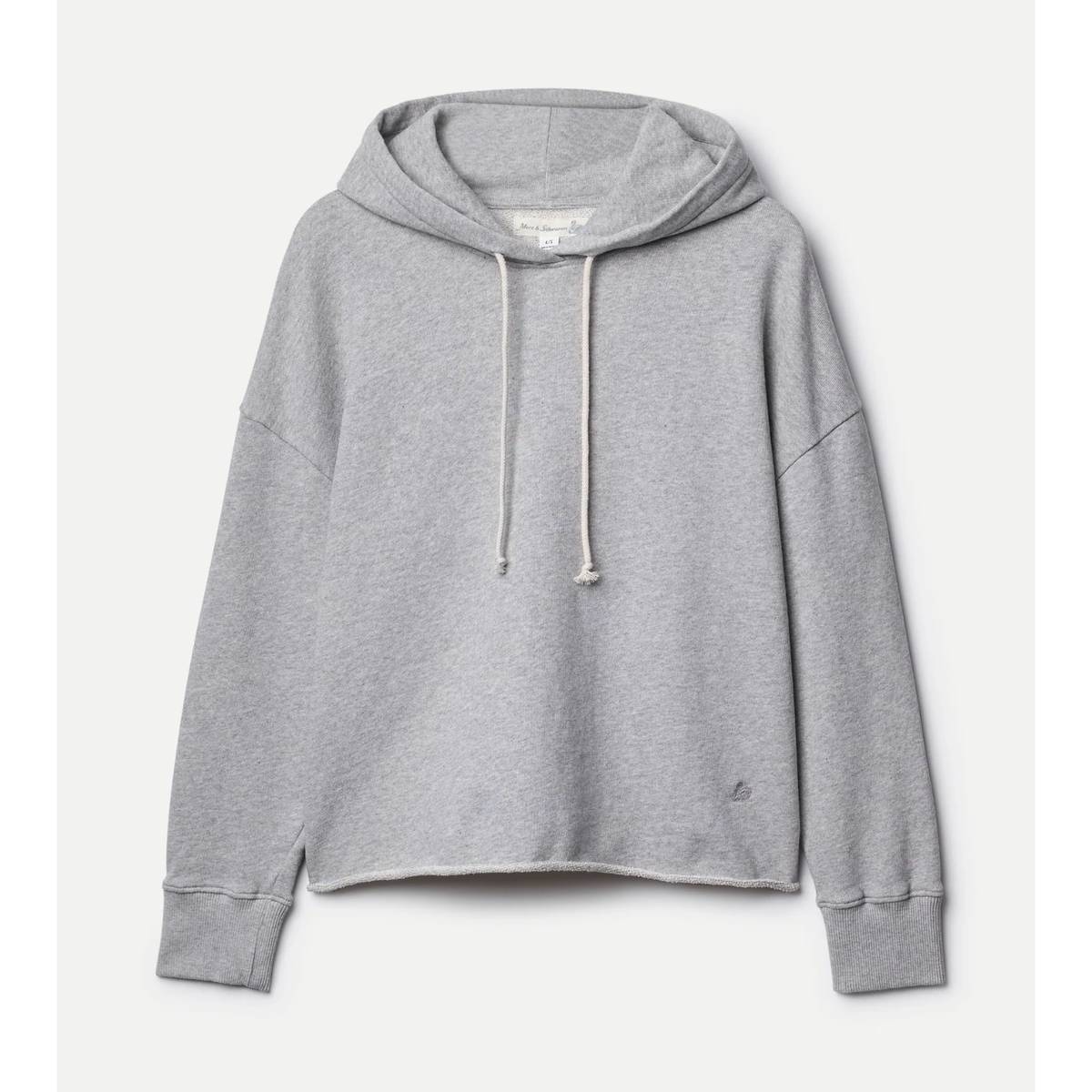 Women's grey melange fleece hoodie with raw hem by Merz b. Schwanen, featuring a cozy, vintage-inspired design.