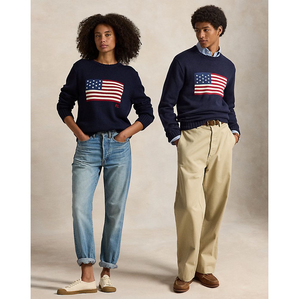 Men's Ralph Lauren crewneck sweater featuring a U.S. flag design in navy cotton fabric.