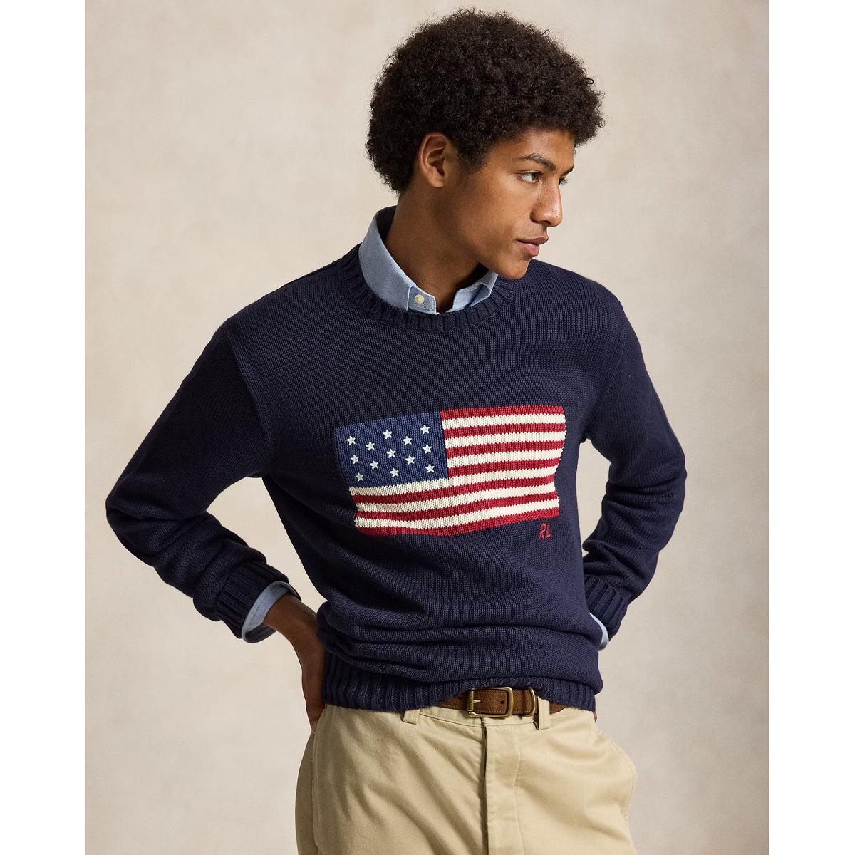 Men's Ralph Lauren Roving Cotton USA Flag crewneck sweater in hunter navy, featuring a patriotic American flag design.