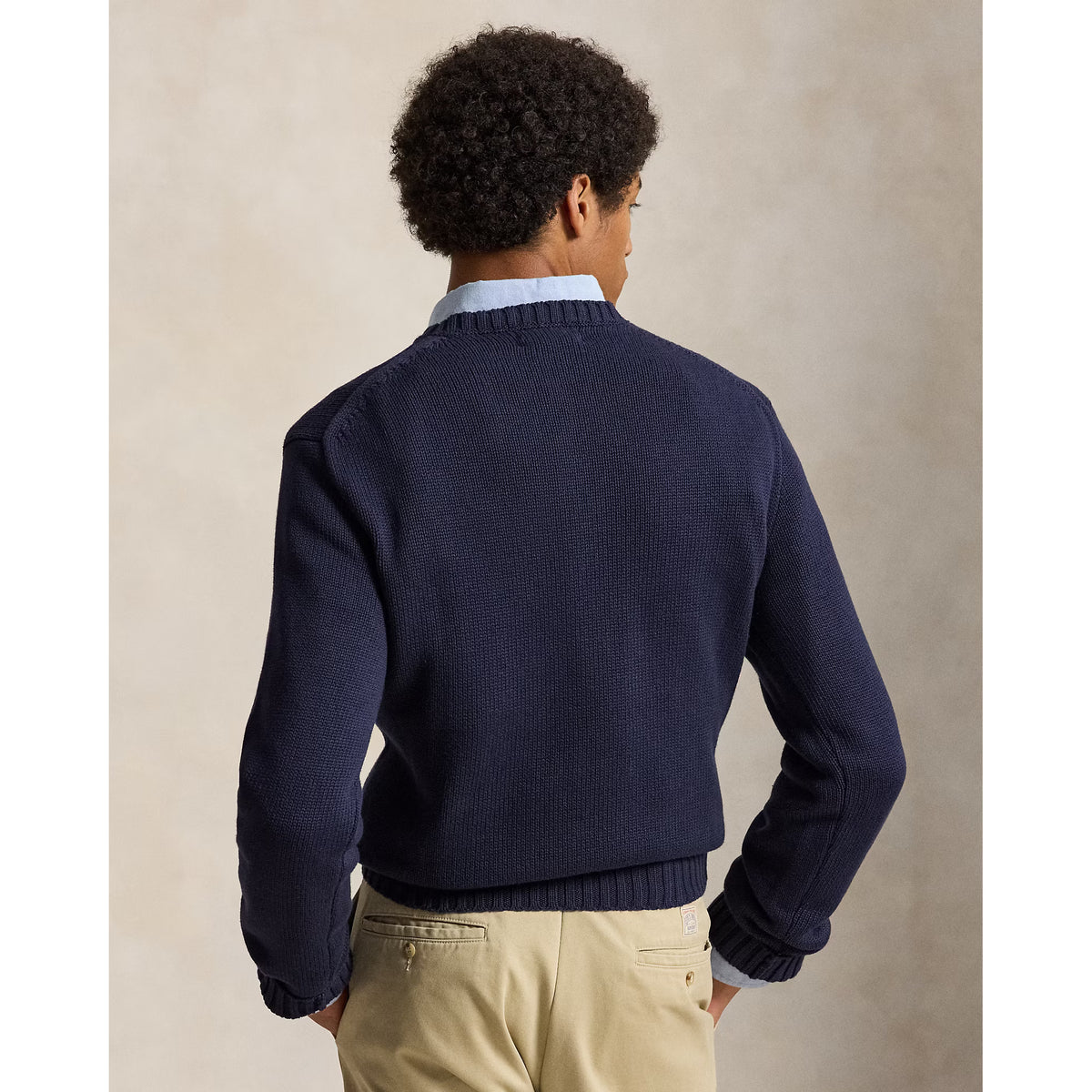 Men's Ralph Lauren crewneck sweater featuring a navy cotton USA flag design on the chest, in hunter navy color.