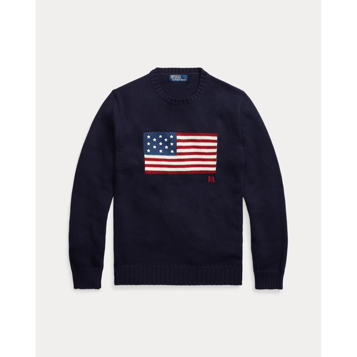 Men's Ralph Lauren crewneck sweater featuring a roving cotton USA flag design in hunter navy. Comfortable, casual fit.