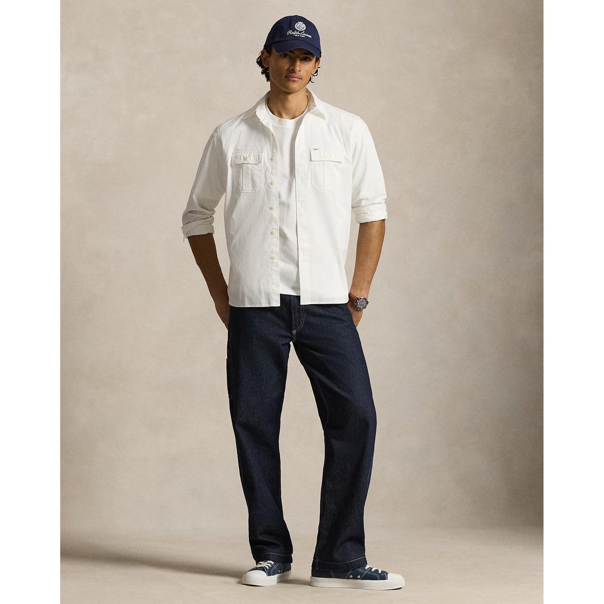 Men's white Classic Fit Sateen Workshirt by Polo RL, showing a button-up shirt with a collar and long sleeves.