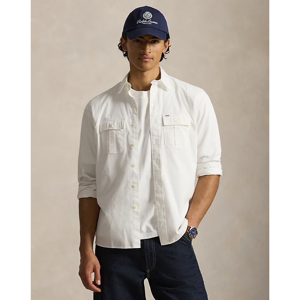 Men's white classic fit sateen workshirt by Polo RL, featuring a collared design and long sleeves for versatile workwear.