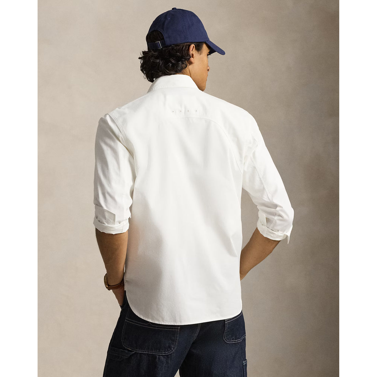 Men's white classic fit sateen workshirt by Polo RL, featuring a button-up design and long sleeves.