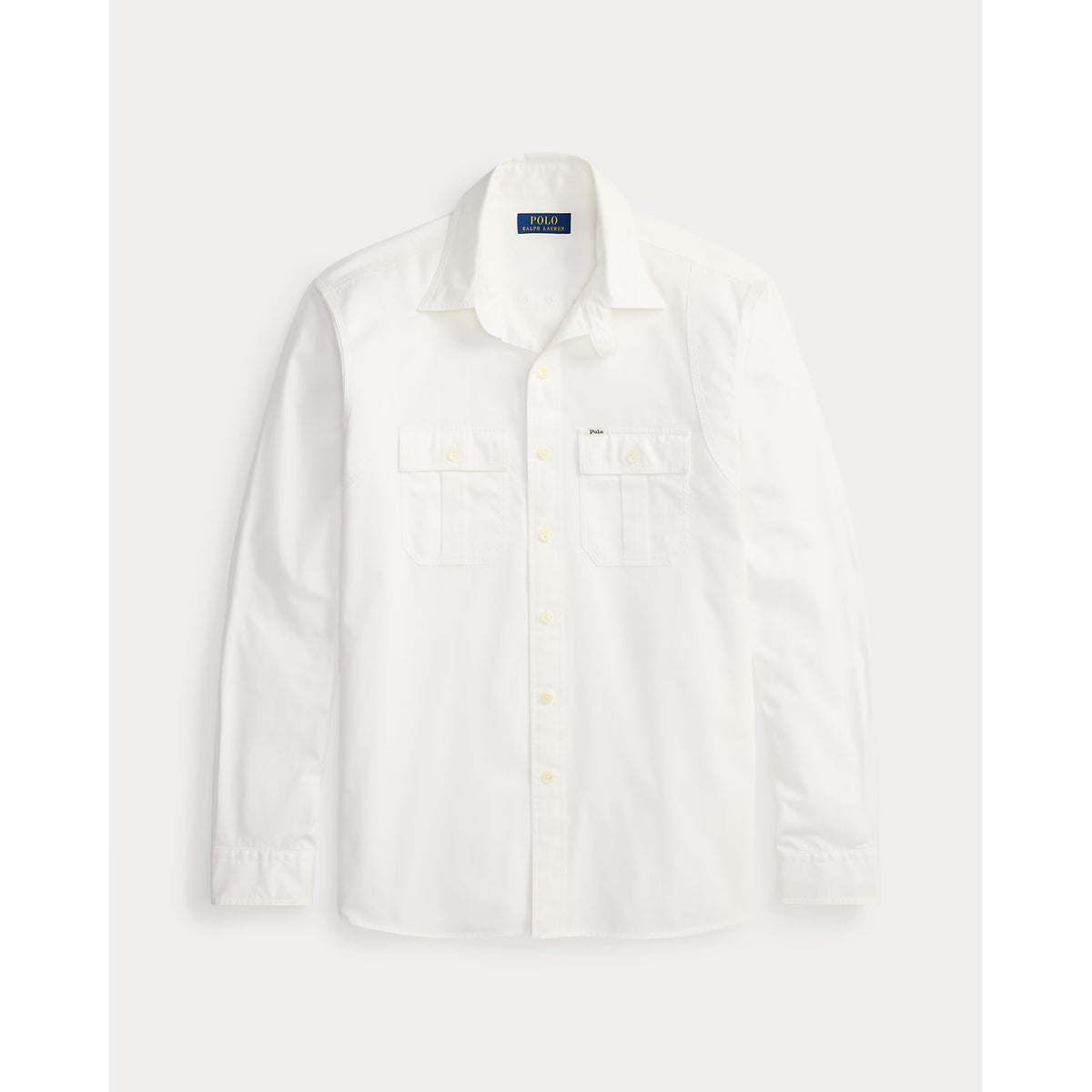 Men's white Classic Fit Sateen Workshirt by Polo RL, shown in a casual lifestyle setting, highlighting the smooth fabric and classic style.