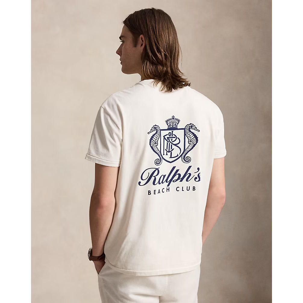 Men's Polo RL Beach Club Print T-Shirt in Deckwash White, featuring a casual design with a beach-themed pattern.