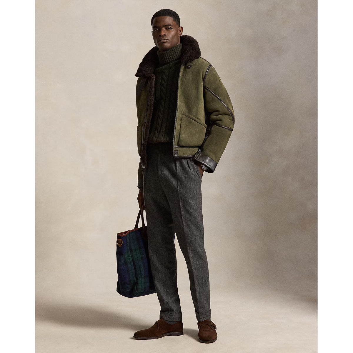 Men's Ralph Lauren Merino Shearling RL Flight Jacket in Myrtle Green and Dark Brown, featuring a cozy shearling collar and stylish design.