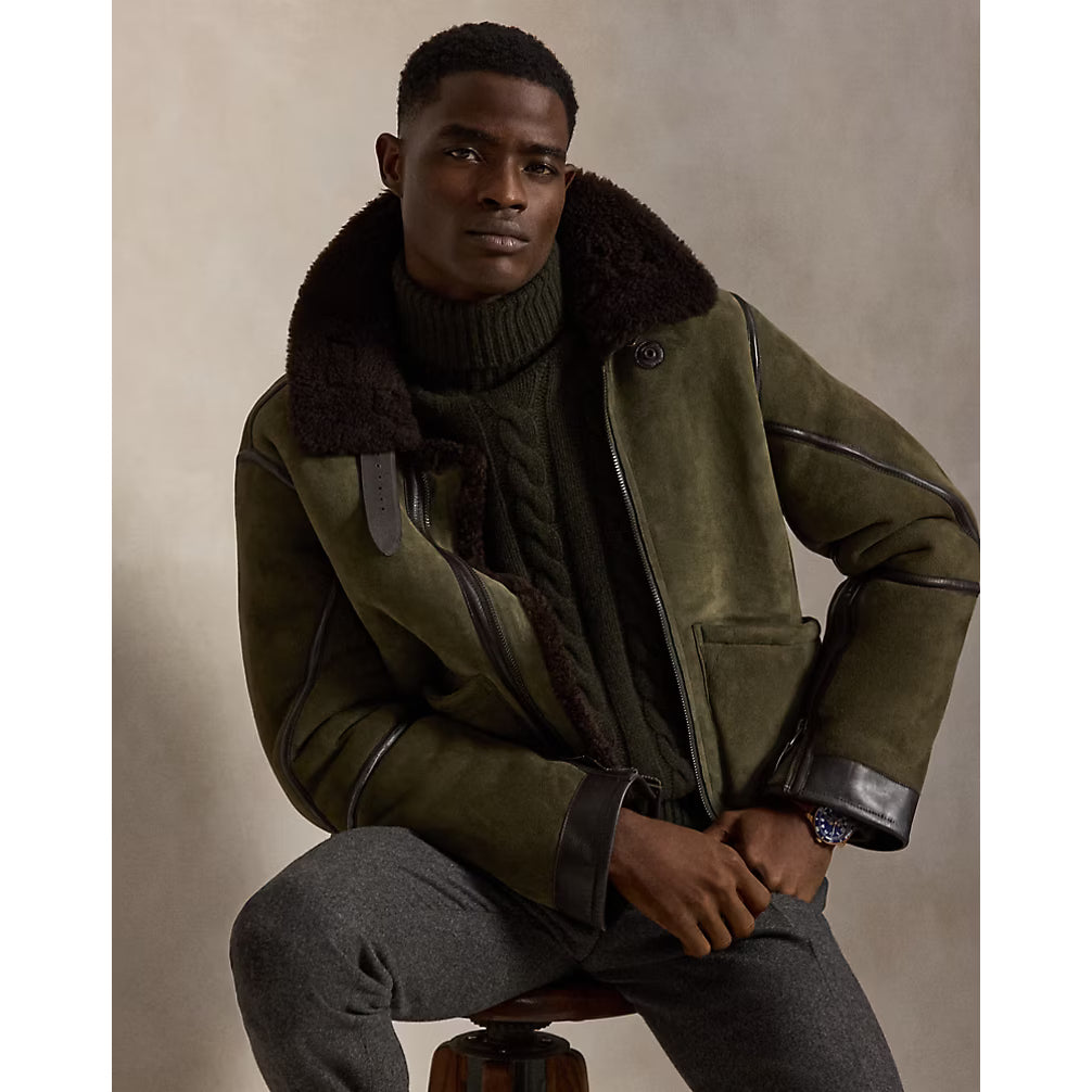 Men's Ralph Lauren Merino Shearling RL Flight Jacket in Myrtle Green and Dark Brown, featuring soft shearling lining and stylish design.