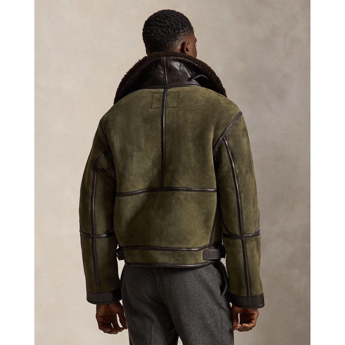 Men's Ralph Lauren Merino Shearling RL Flight Jacket in Myrtle Green and Dark Brown, featuring a cozy shearling collar and stylish design.