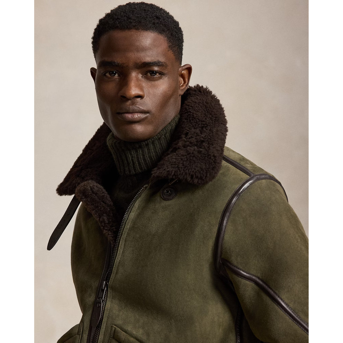 Men's Ralph Lauren Merino Shearling RL Flight Jacket in Myrtle Green and Dark Brown, shown with front view and shearling collar.