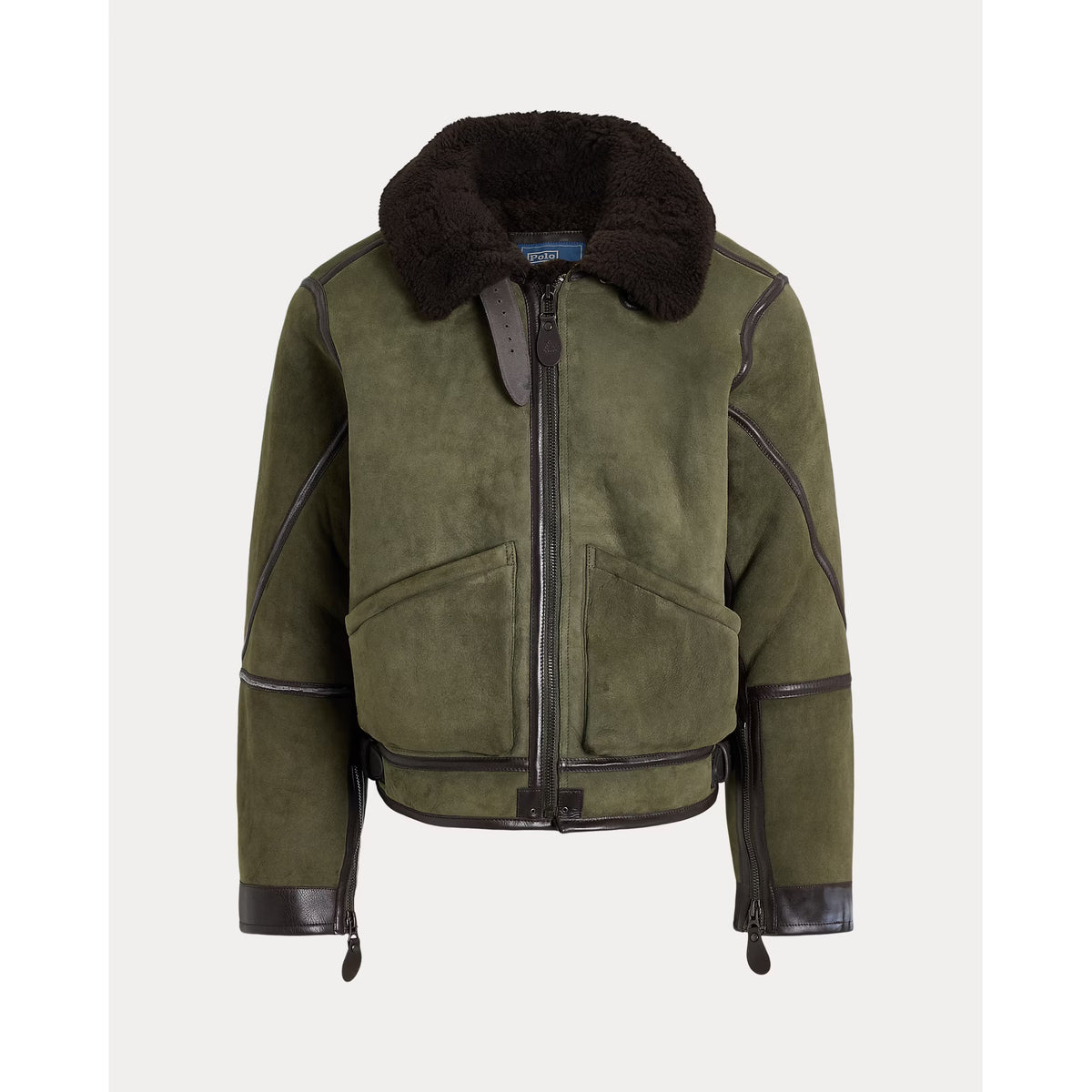Men's Ralph Lauren Merino Shearling RL Flight Jacket in Myrtle Green and Dark Brown, shown in a lifestyle setting.