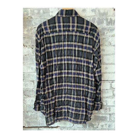 Men's navy plaid long shirt with shirring and regular collar by Sage De Cret, featuring a stylish check pattern.