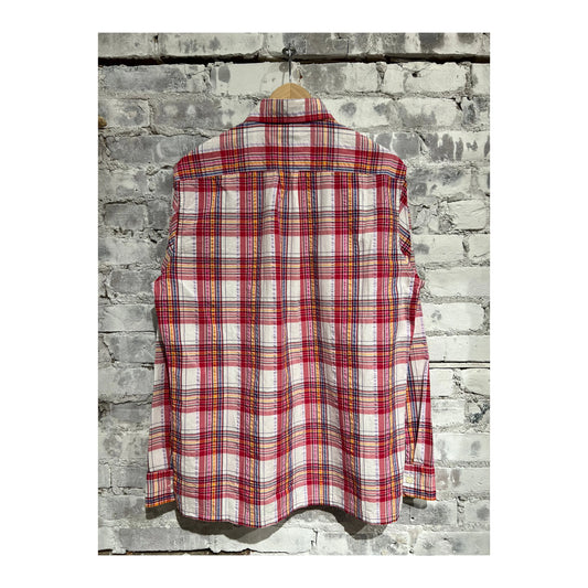 Men's Red Multi Plaid Seersucker Popover shirt by Relwen, showing the lightweight fabric and classic plaid pattern.