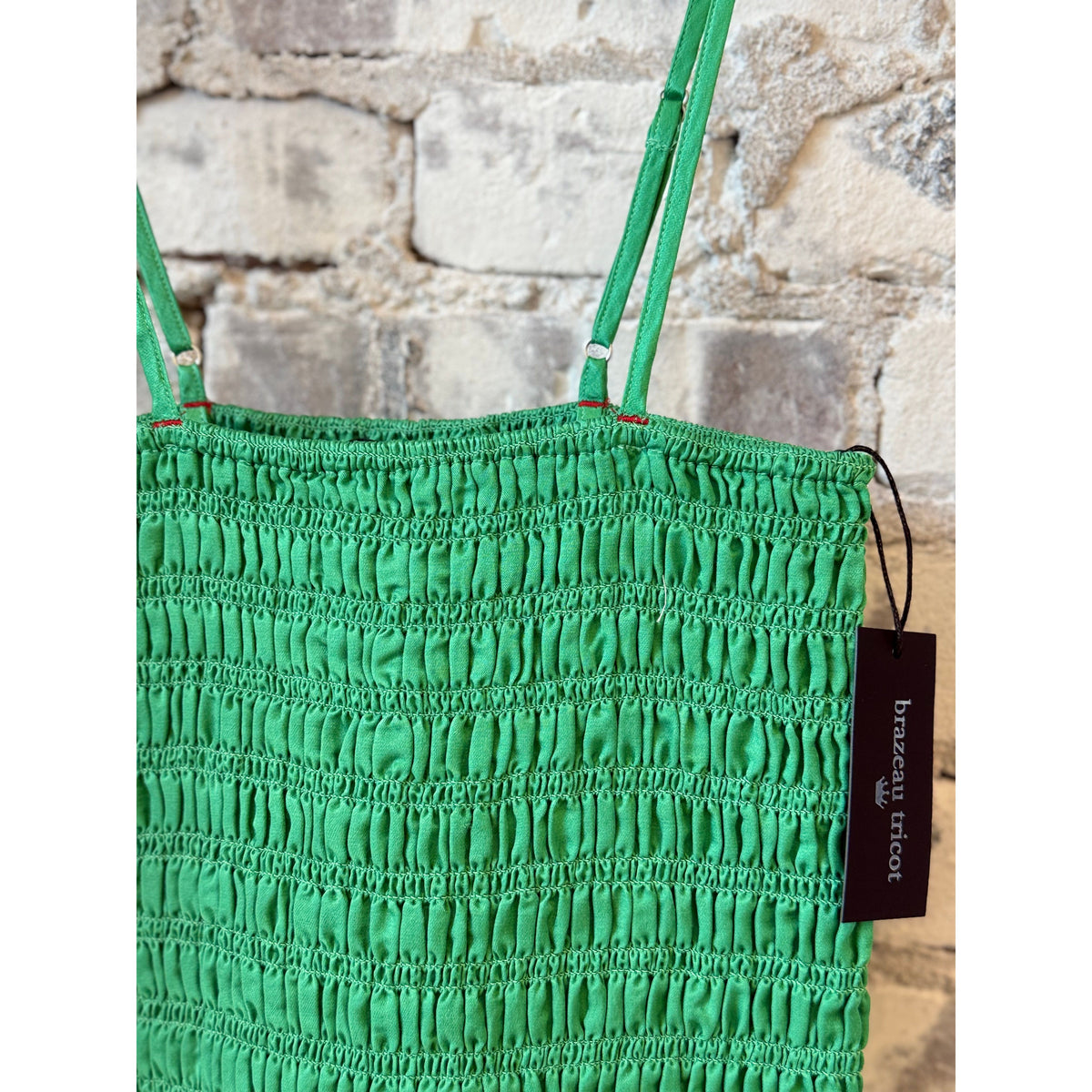Women's smocked crinkle cami top by Brazeau Tricot in Mojito, featuring a fitted neckline and textured fabric.