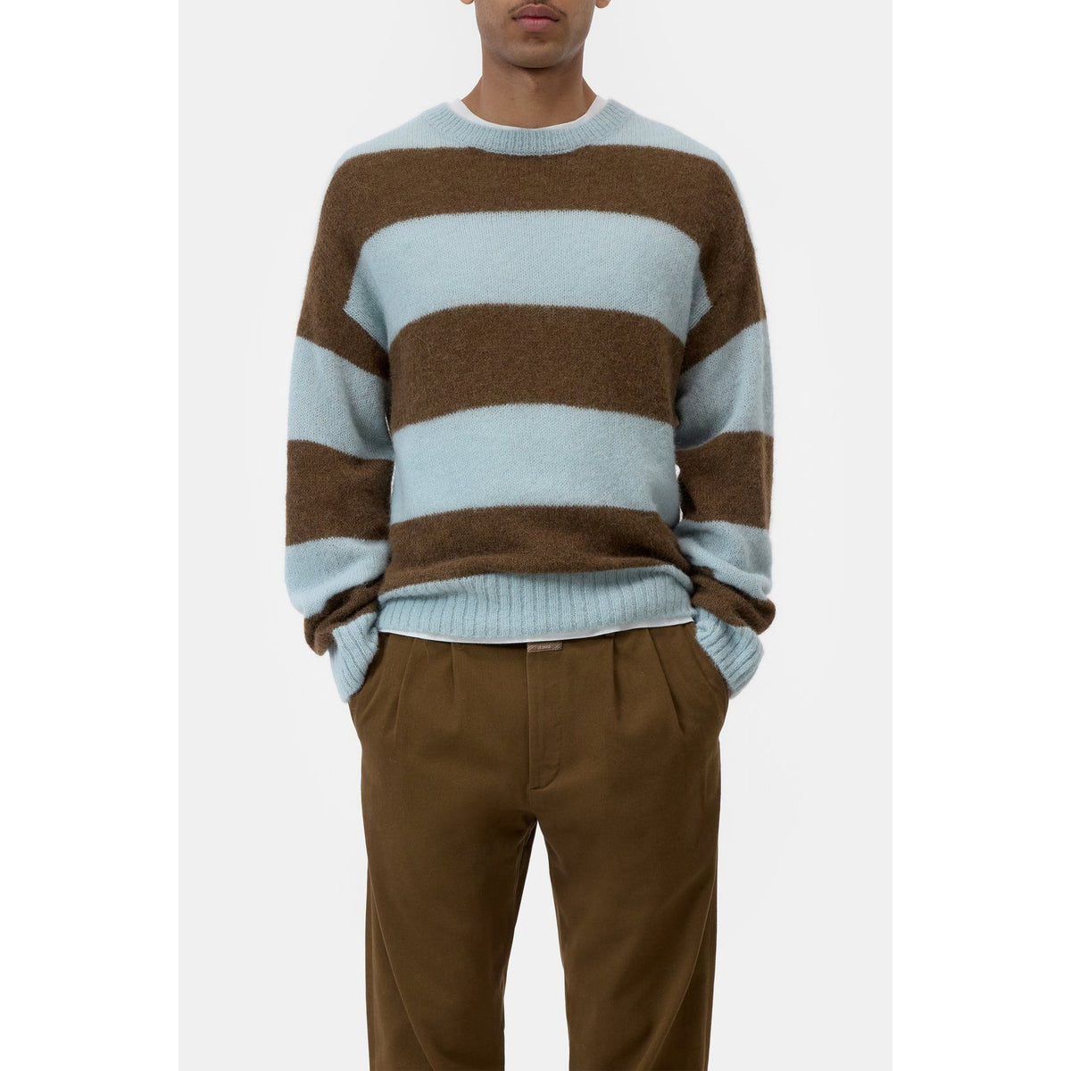 Men's striped crewneck knit sweater in Drift Blue by Closed Men's, featuring a cozy knit fabric and classic striped pattern.