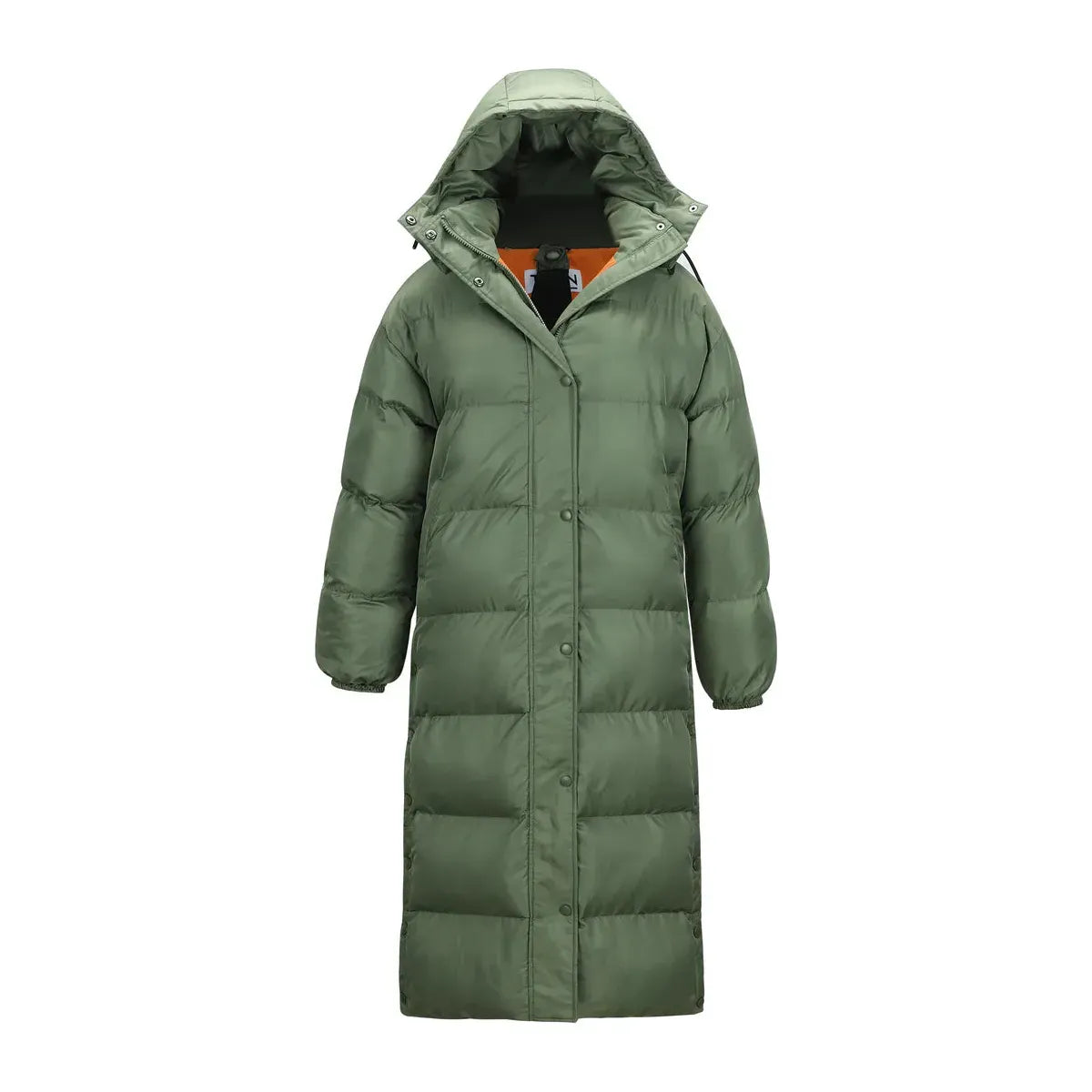 Women's long puffer jacket in military orange by TWIN, features a warm, quilted design with a high collar and full-length zipper.