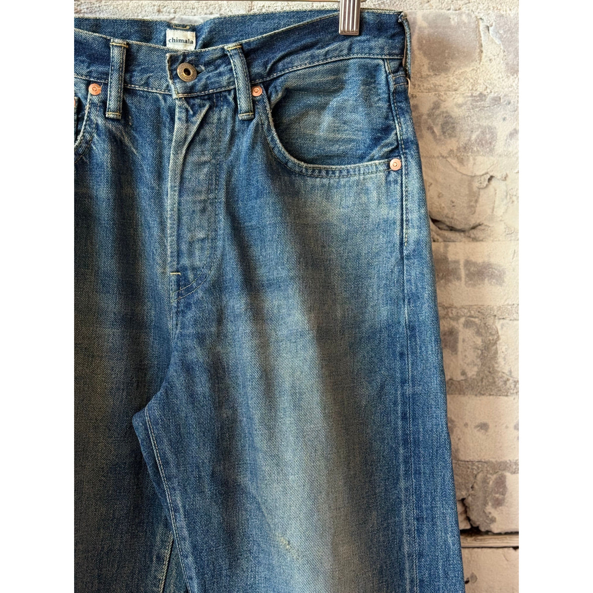 Unisex 13.5oz dark engineer selvedge denim straight cut jeans by Chimala, showcasing rugged denim fabric and classic fit.