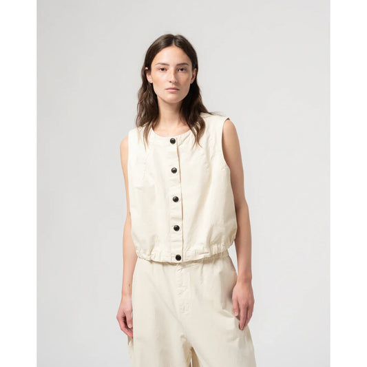 Women's G.O.D. Cotton-Linen Veston in wheat color by Girls of Dust, displayed on a hanger with a neutral background.