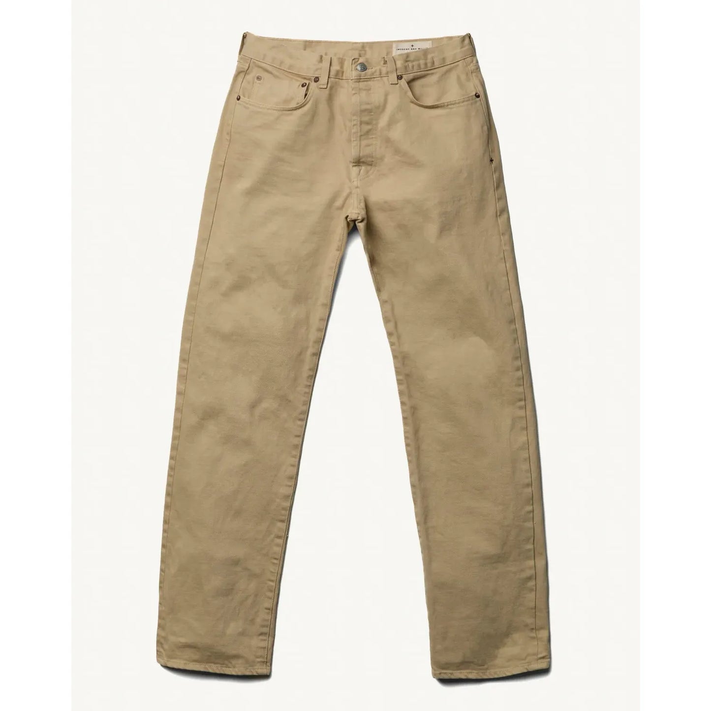 Men's Lewis Desert Selvage jeans by imogene + willie in rinse wash, shown folded with visible selvage edge and detailed stitching.