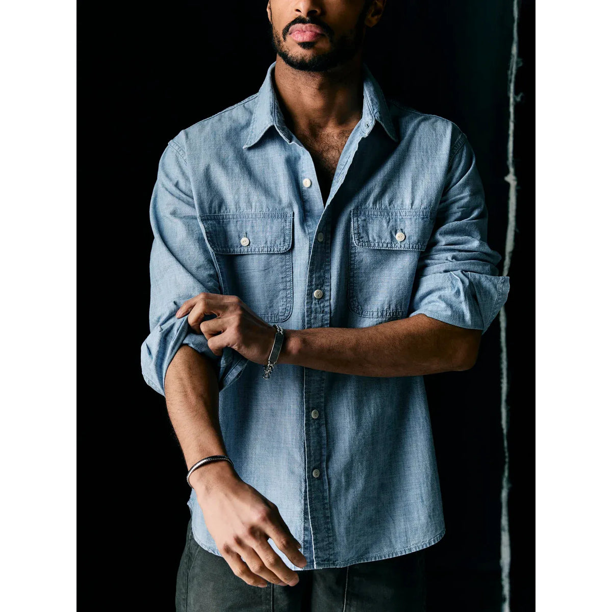 Men's Earl Chambray 2-Pocket Workshirt by imogene + willie in chambray blue, featuring two chest pockets and a casual fit.