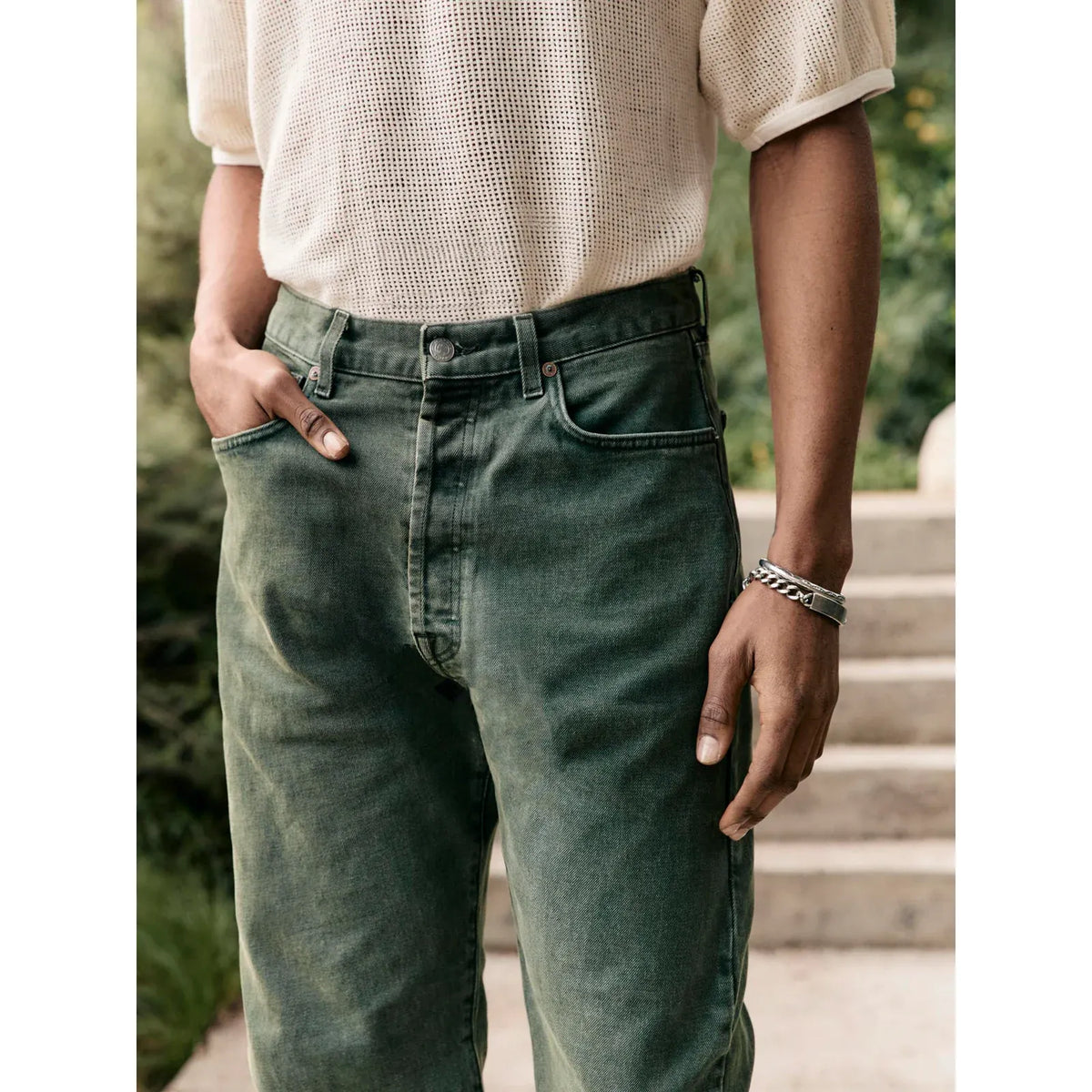 Men's Russell Selvedge Jean in Washed Spruce by imogene + willie, featuring a classic fit and washed denim texture.