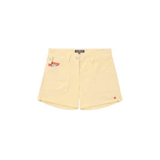 Women's 5-inch Concord Garment Dyed Shorts in Butter Cream by Amundsen, shown in a close-up view highlighting the fabric and fit.