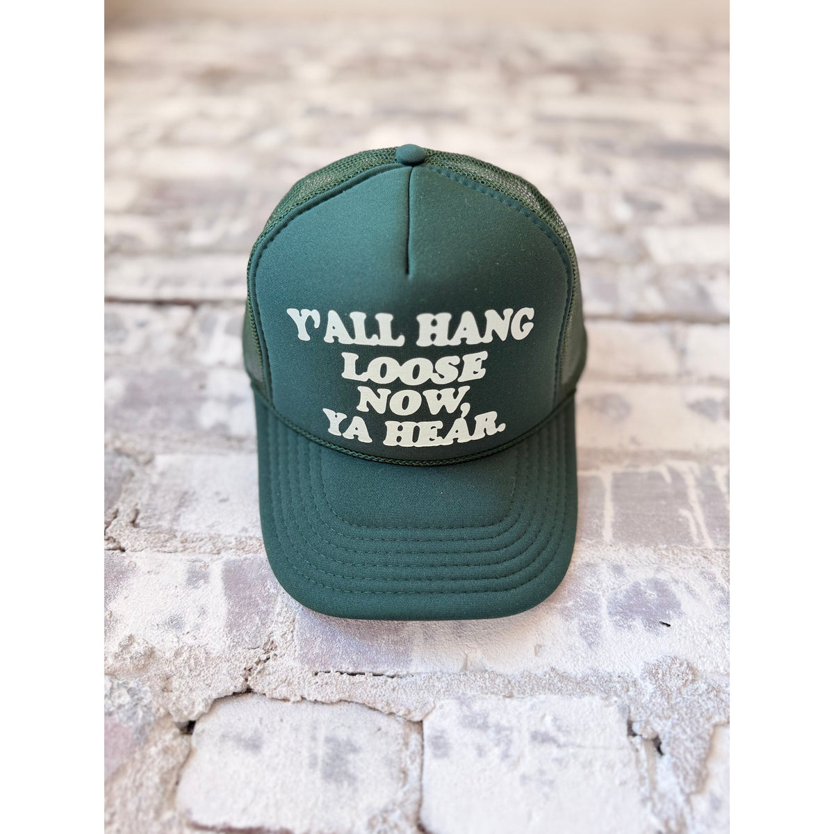 N.B. GOODS Y'all Hang Loose Trucker Hat in evergreen and icy blue, adjustable cap with mesh back and embroidered front design.