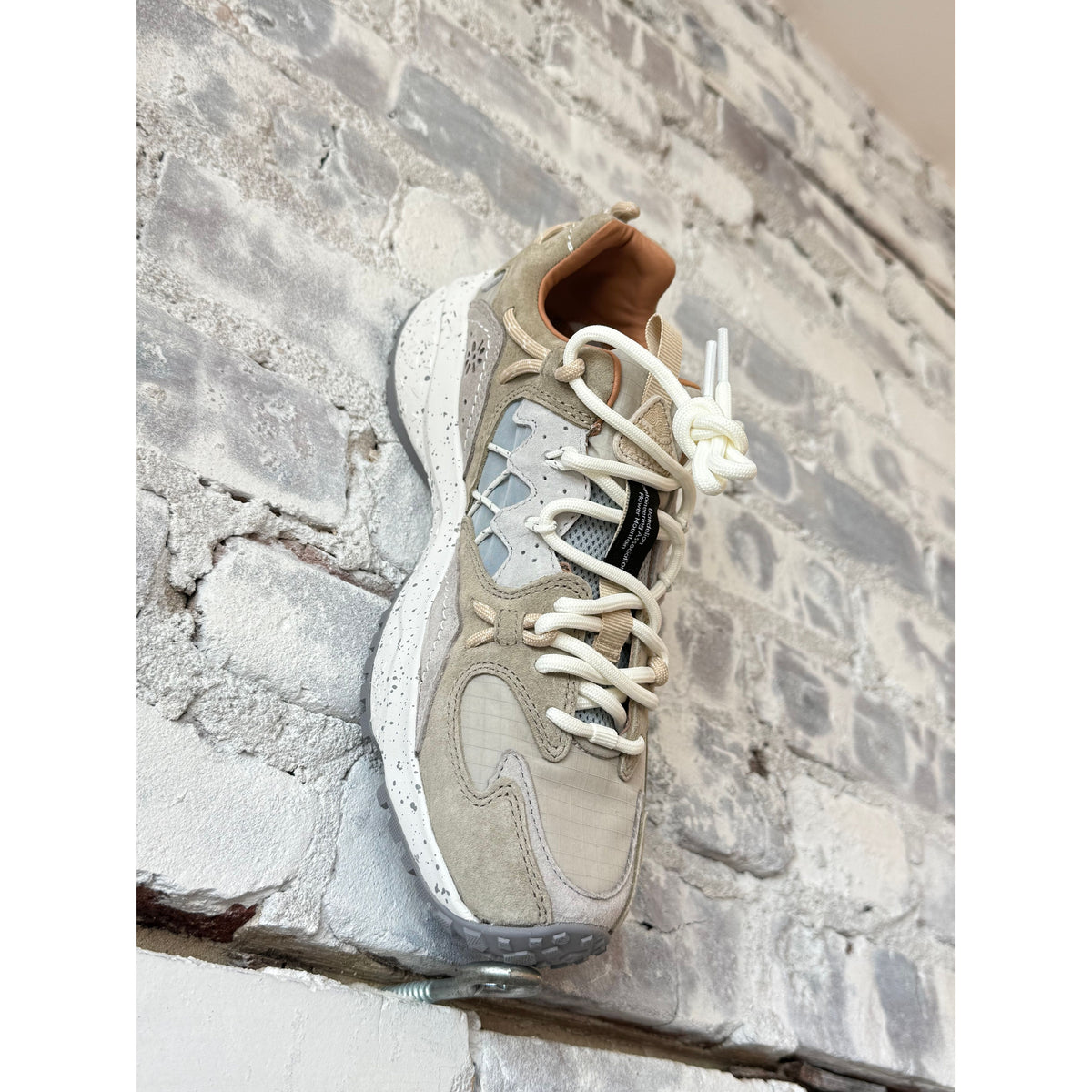 Flower Mountain Yamabushi women's suede and nylon ripstop sneakers in grey and light military colors, showing the stylish side view.