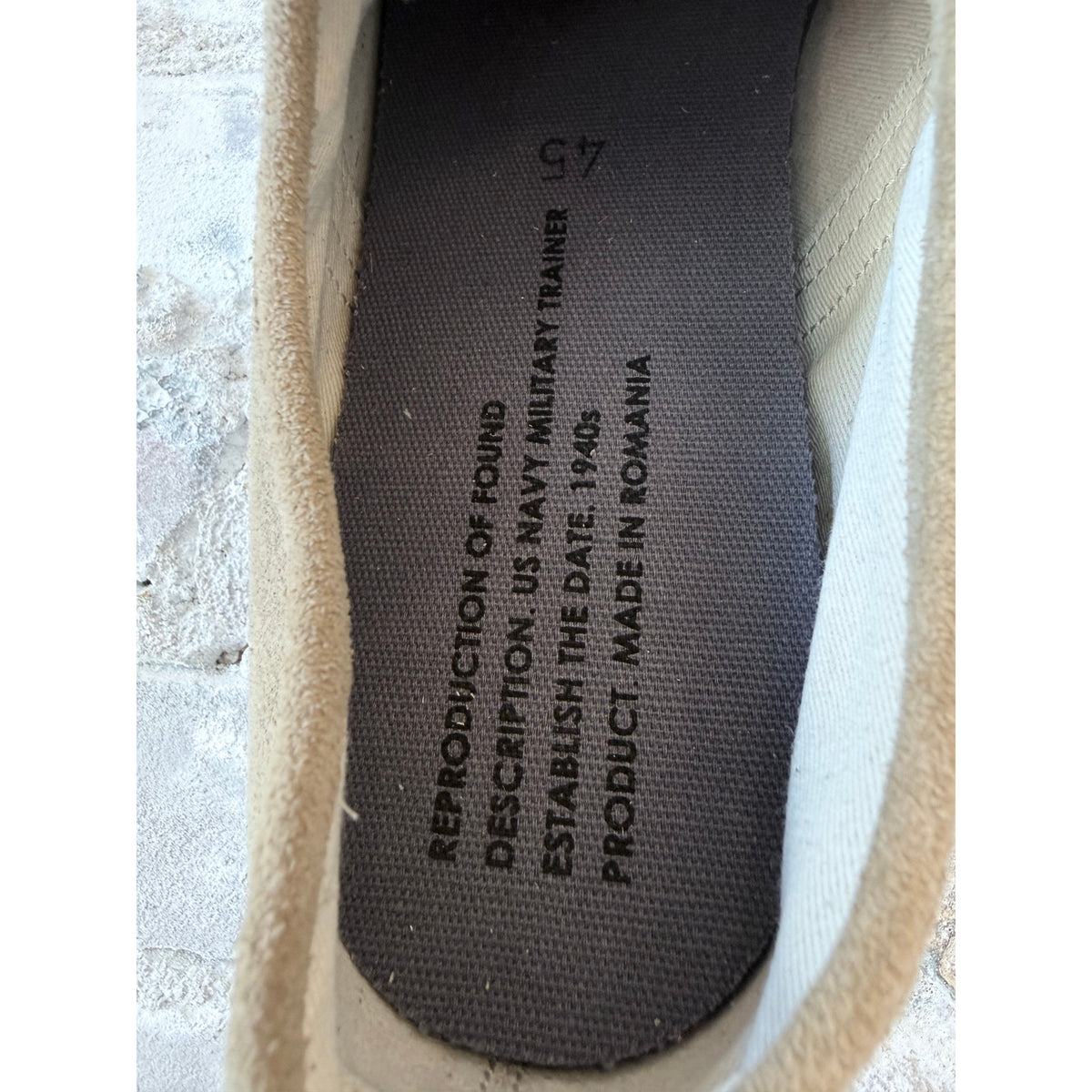 Men's beige suede Reproduction Of Found x ZDA Marathon Military Trainer sneakers with white sole, casual style, on a neutral background.