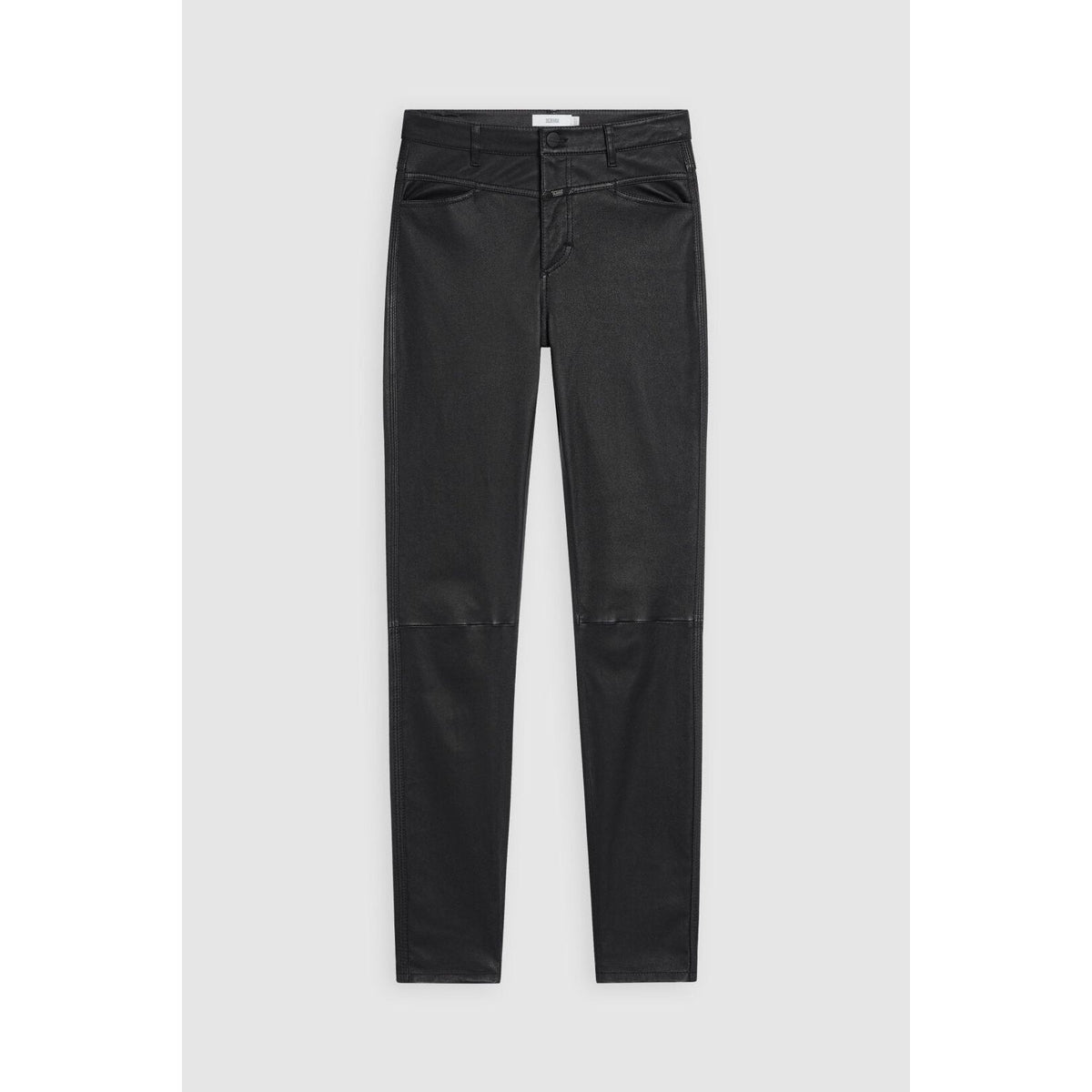 Black women's stretch leather pants from Closed Women's Skinny Pusher collection, showcasing a slim fit and sleek design.
