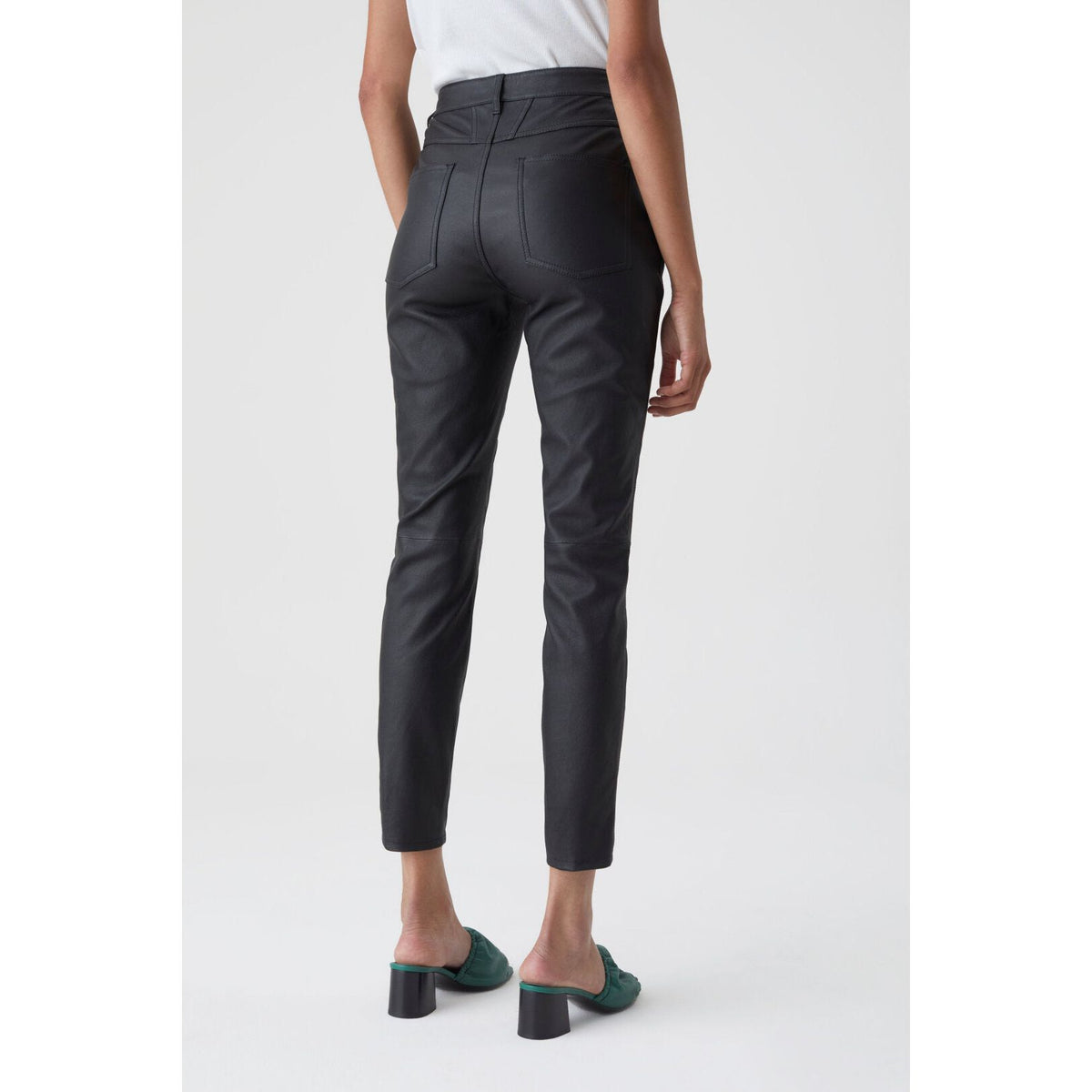 Black women's stretch leather pants from Closed Women's Skinny Pusher collection, fitted and stylish for a sleek look.