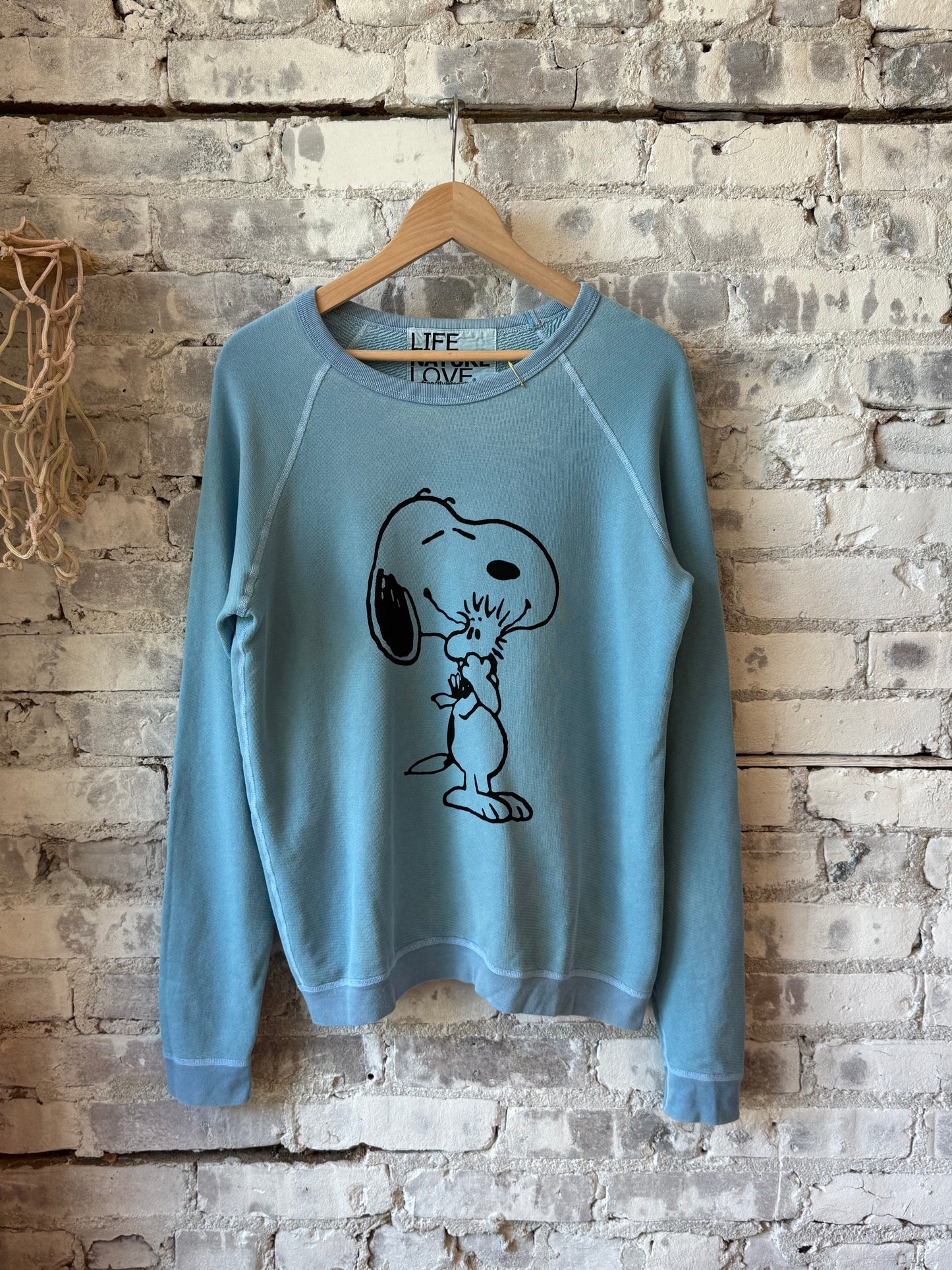 Women's Freecity BASICGOODNESS Schulz Supervintage Yumm Snoopy blue raglan shirt with graphic print and long sleeves.