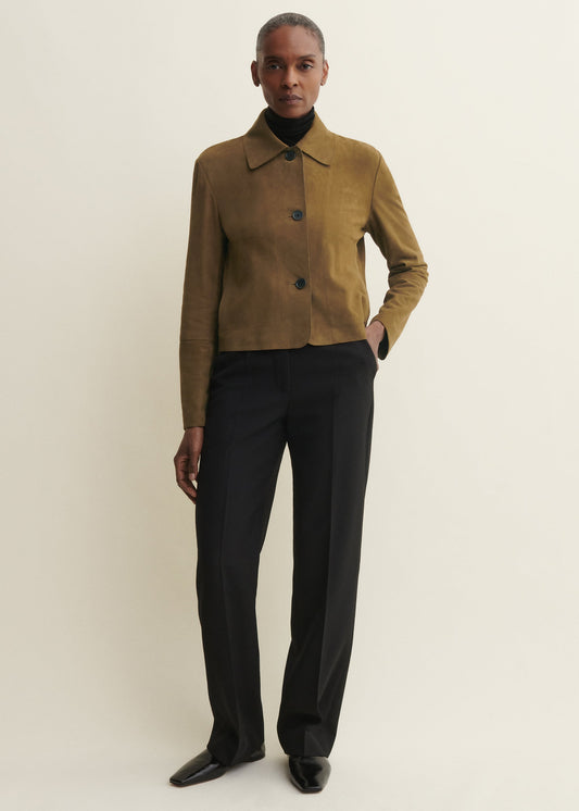 Women's ARMA Emy suede jacket in dark olive, featuring a stylish tailored fit and soft suede texture.