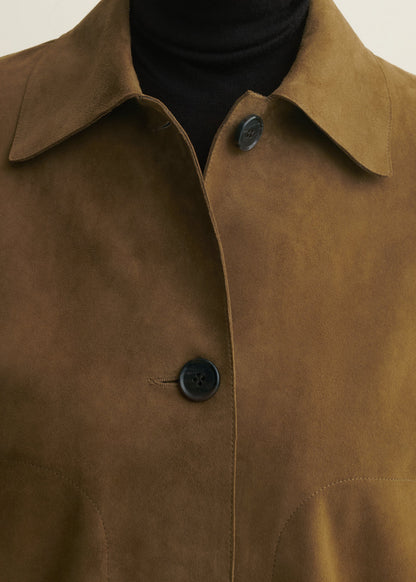 Women's ARMA Emy Suede Jacket in dark olive, featuring a stylish fit with soft suede texture and modern design details.