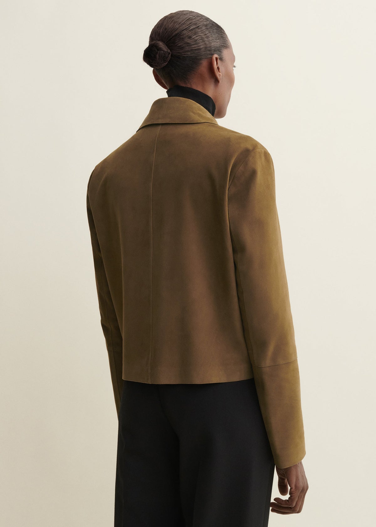 Women's ARMA Emy Suede Jacket in dark olive, showcasing a stylish, fitted design with a smooth suede texture.