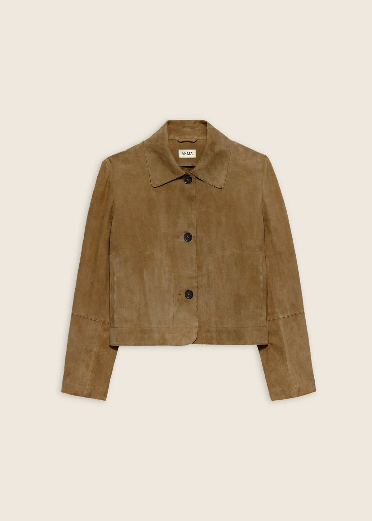 Women's Emy Suede Jacket in dark olive by ARMA, featuring a stylish suede texture and tailored fit.