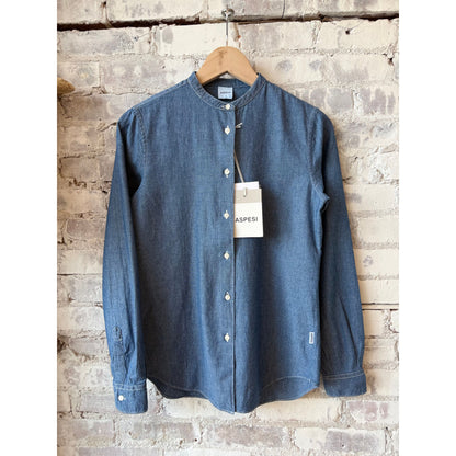 Mandarin Collar Japanese Cotton Chambray Shirt - Medium Denim - DUNE + SALT