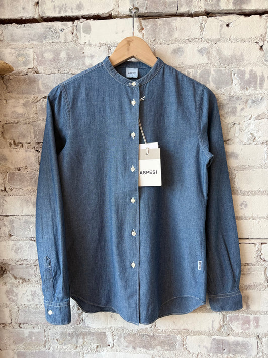 Mandarin Collar Japanese Cotton Chambray Shirt - Medium Denim - DUNE + SALT
