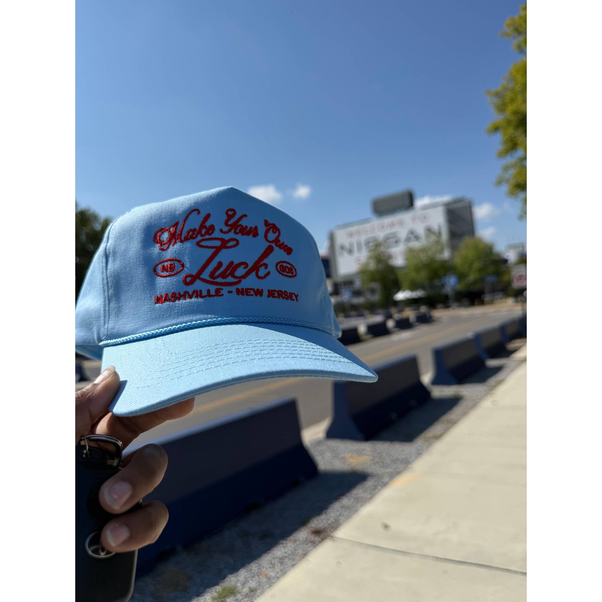N.B. GOODS - Lightweight Trucker Cap Snapback Make Your Own Luck - Sky Blue + Red (w/rope) - DUNE + SALT