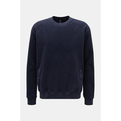 Men's navy PF crewneck sweatshirt by 04651 with a classic fit and soft fabric, shown on a plain background.